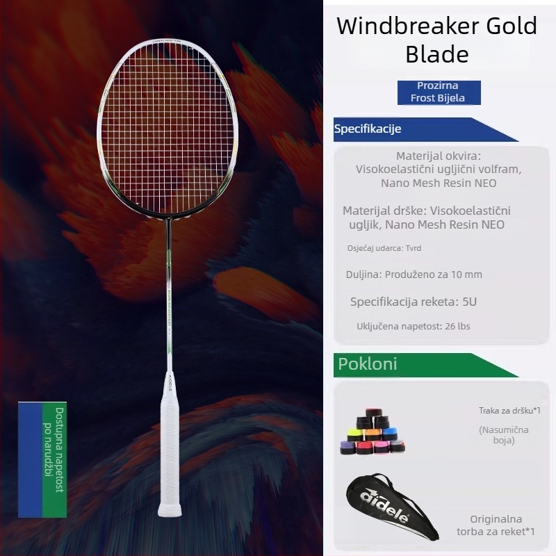Profesionalna badminton raketa od karbonskih vlakana, izuzetno lagana, visoka elastičnost, 5U, za natjecanja i treninge