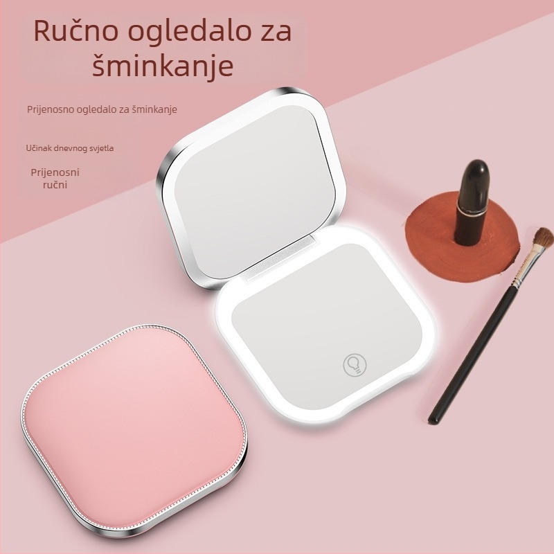 Prijenosno LED ogledalo za šminku, jednostavno osvjetljenje, tri boje svjetla, sklopivo ručno, USB punjenje