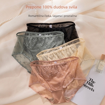 Čipkaste ženske gaćice s cvjetnim uzorkom, srednji pojas, dvostruko podstavljeno međunožje, 100% morušno svilo, tanke i prozračne