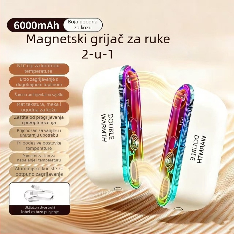 Šareni magnetski grijač za ruke, punjivi, podijeljeni tip 2-in-1, sedam boja rasvjete, samoregulirajući grijač, poklon za djevojke