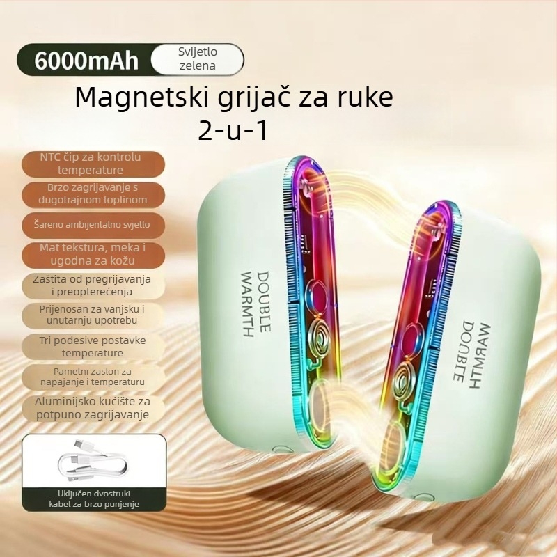 Šareni magnetski grijač za ruke, punjivi, podijeljeni tip 2-in-1, sedam boja rasvjete, samoregulirajući grijač, poklon za djevojke