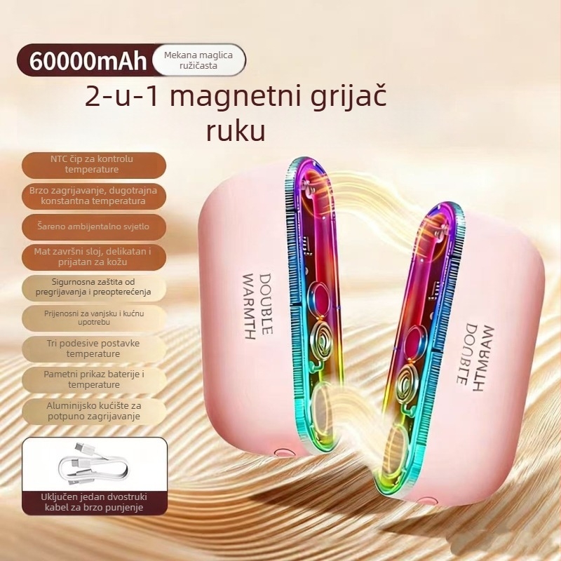 Šareni magnetski grijač za ruke, punjivi, podijeljeni tip 2-in-1, sedam boja rasvjete, samoregulirajući grijač, poklon za djevojke