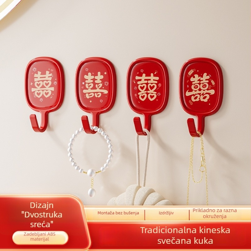 Crveni svečani samoljepljivi kuka za vrata, set od 4 komada, bez bušenja, nosivost 1–3 kg