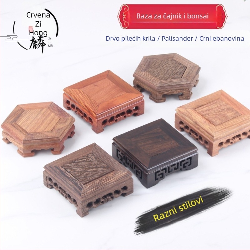 Rosewood ručno rezbarena Buddha figura s četverokutnom drvenom bazom, stalak za čajnik, vazu ili bonsai