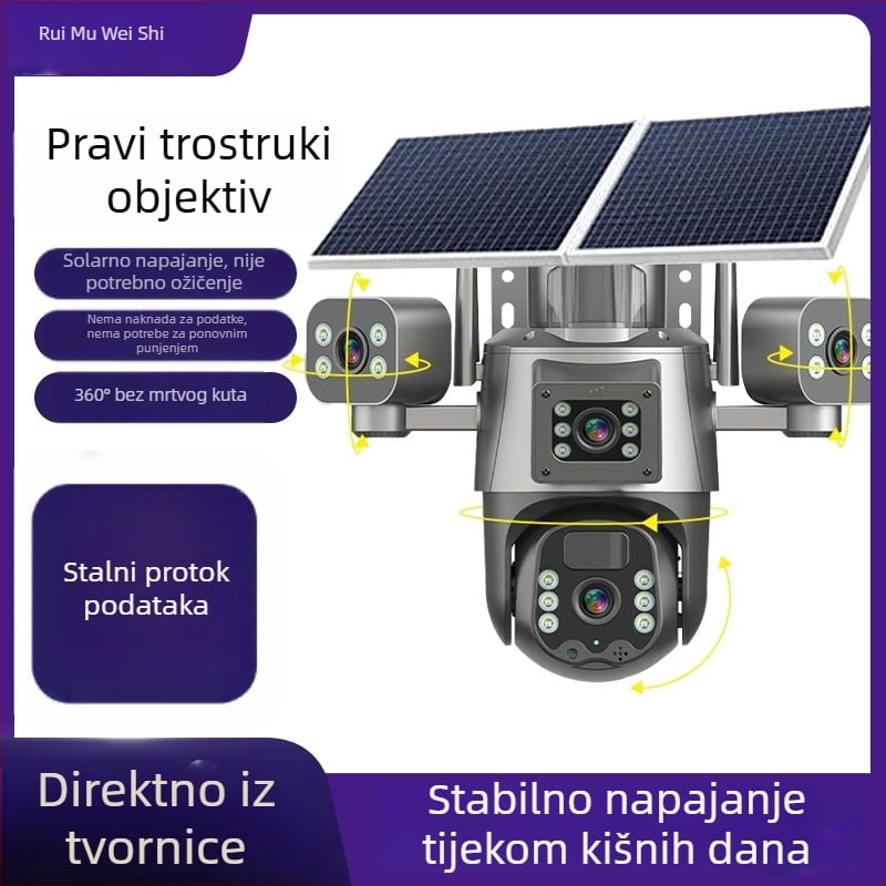 Solarna sigurnosna kamera s tri objektiva, vanjska, noćni vid