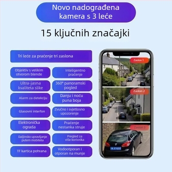 Vanjska solarna kamera za nadzor sa tri leće, 360° pokrivenost, izuzetno jasna slika, vodootporna