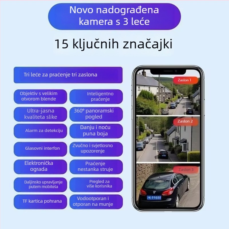 Vanjska solarna kamera za nadzor sa tri leće, 360° pokrivenost, izuzetno jasna slika, vodootporna