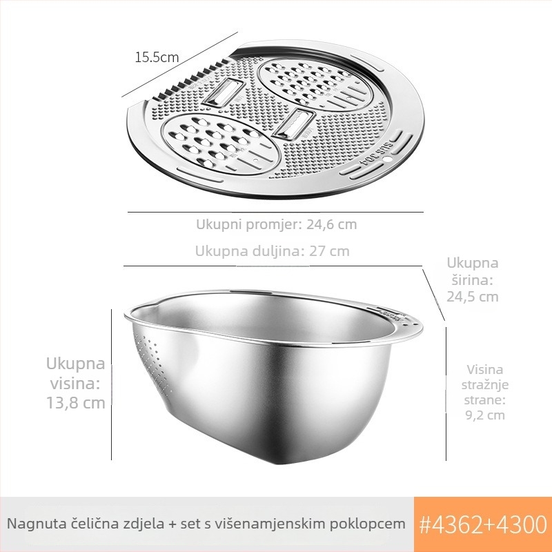 Višefunkcionalni kuhinjski alat od 304 nehrđajućeg čelika s odvodnim košem, bazenom za ispiranje riže i sjeckalicom povrća