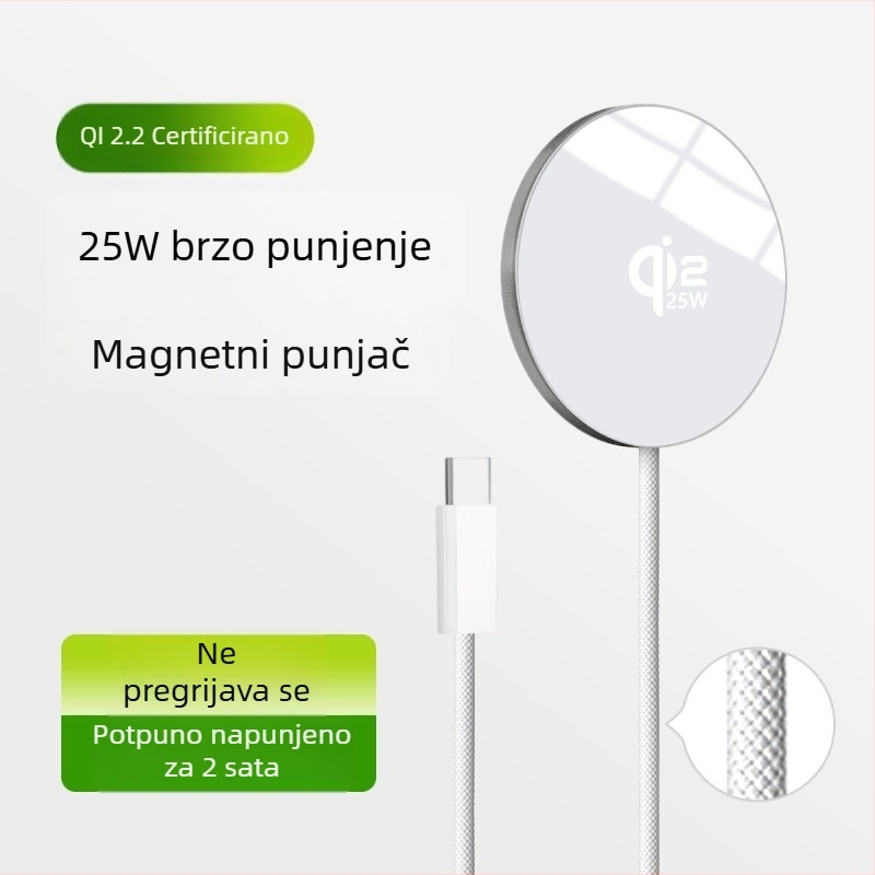 Qi2.2 25W Bežični brzo punjenje, ultra-tanki aluminijska legura, prijenosni magnetski bežični punjač s kabelom