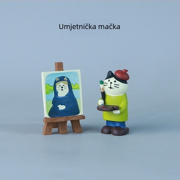 Zakka japanska mačka slikar s gramofonom — umirujuća scena za stolni prostor, ukrasna figurica za ured