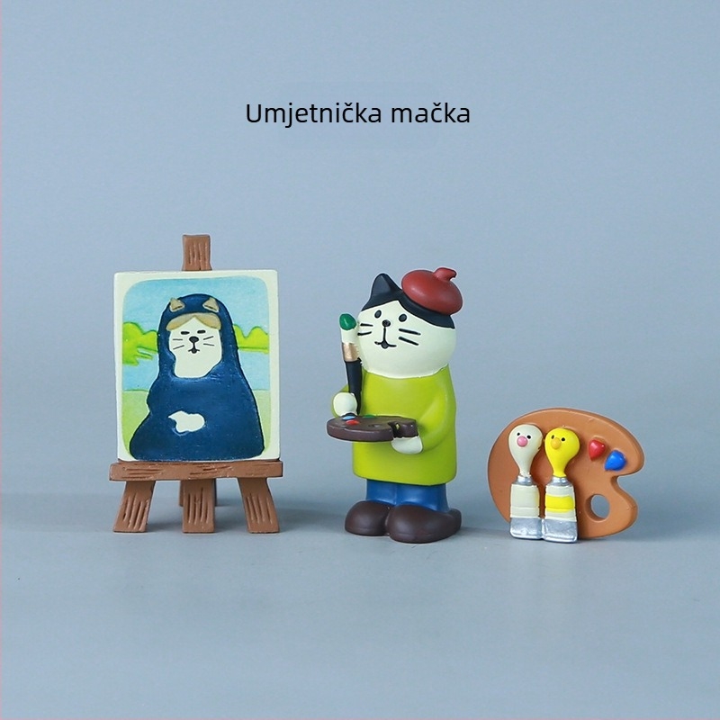 Zakka japanska mačka slikar s gramofonom — umirujuća scena za stolni prostor, ukrasna figurica za ured