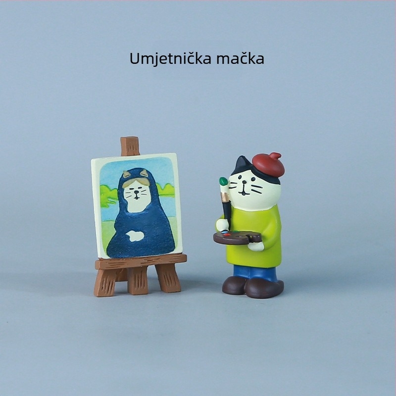 Zakka japanska mačka slikar s gramofonom — umirujuća scena za stolni prostor, ukrasna figurica za ured