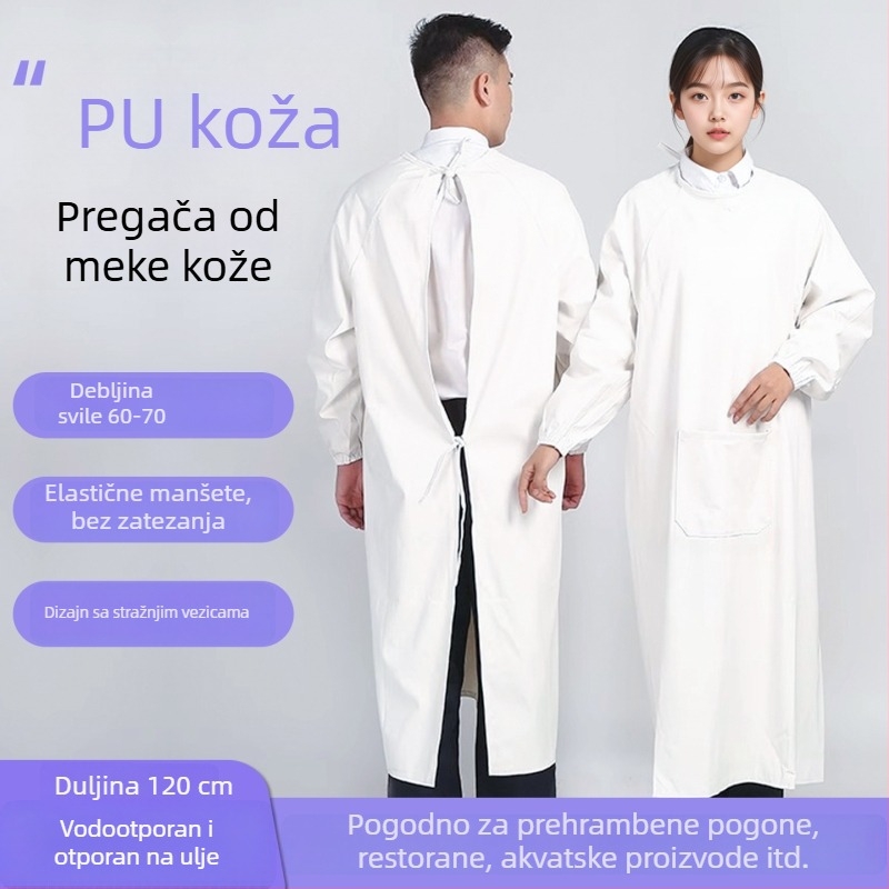 Bijeli PU kožni pregača s rukavima, vodootporna i otporna na mrlje, obostrana dugačka pregača za obradu ribe i vodnih proizvoda