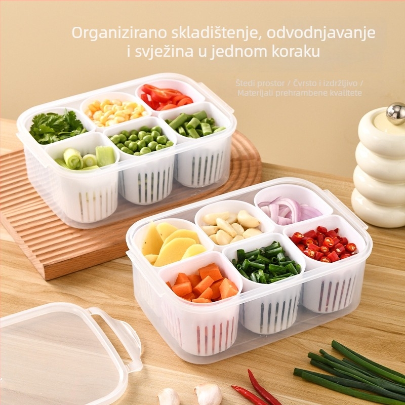 Plastična četvrtasta kutija za hladnjak s odjeljcima za luk, đumbir i češnjak; zatvorena, s odvodom.
