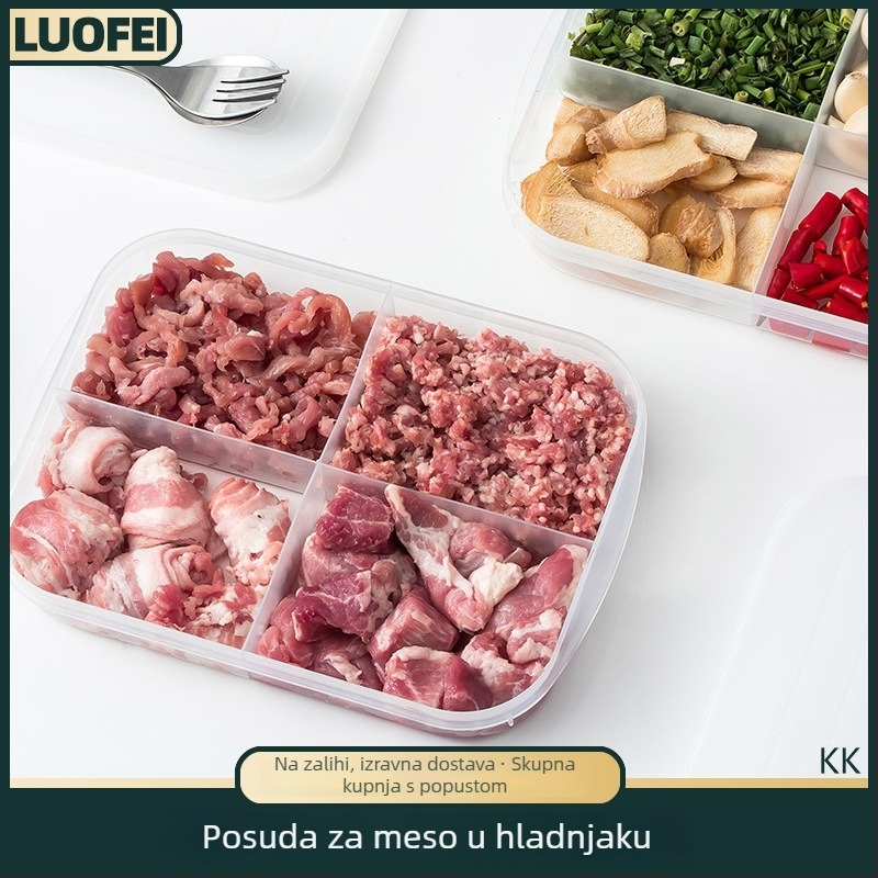 Četverokomponentna kutija za skladištenje u hladnjaku za marinirano meso, komadiće mesa i začine (mladi luk i đumbir)