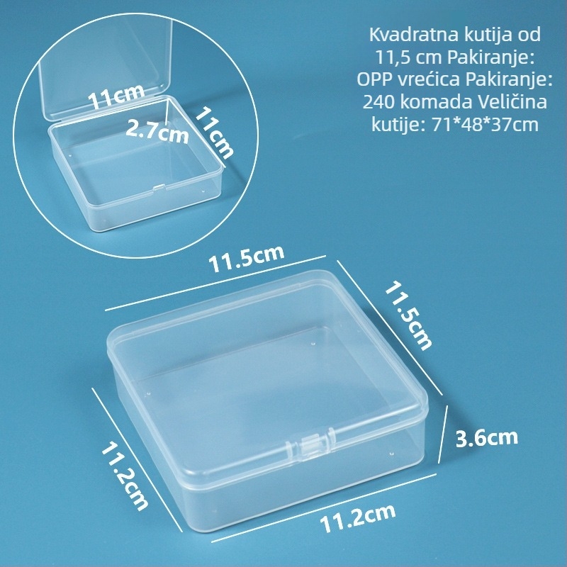 Kvadratna prozirna kutija za prikaz i pohranu nakita i perlica – PP plastična kutija s poklopcem, dimenzije 11,5×11,5×3,6 cm