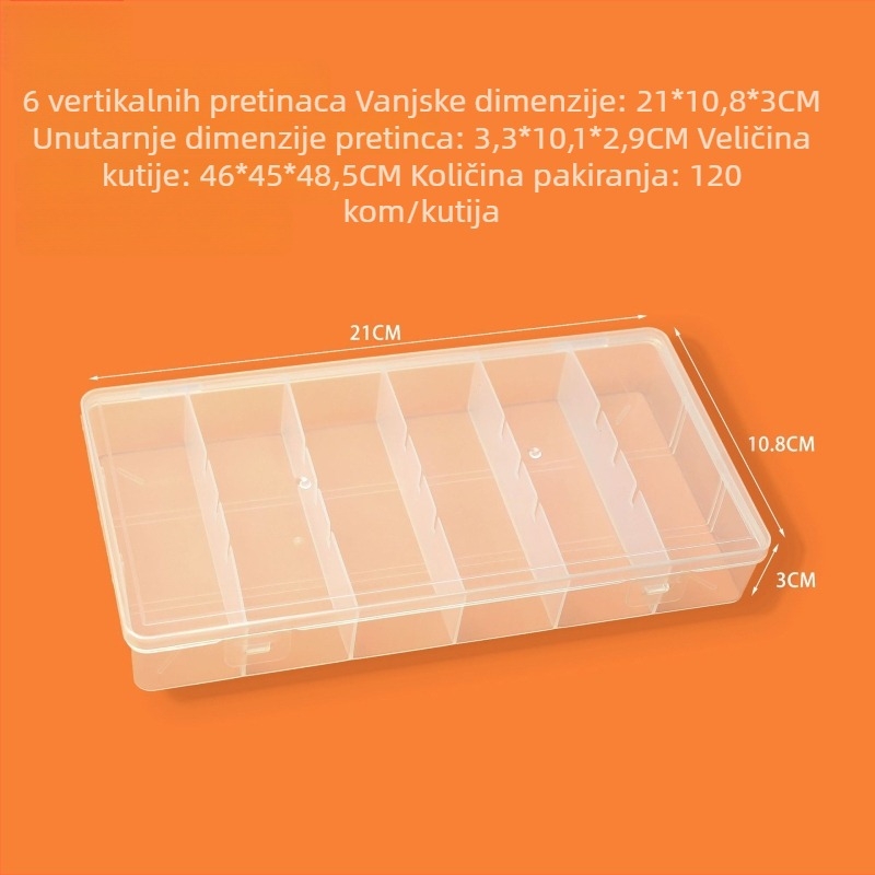 Prozirna PP plastična kutija sa 6 odjeljaka i preklopnim poklopom za organiziranje vijaka, pribora, elektroničkih komponenti i nakita