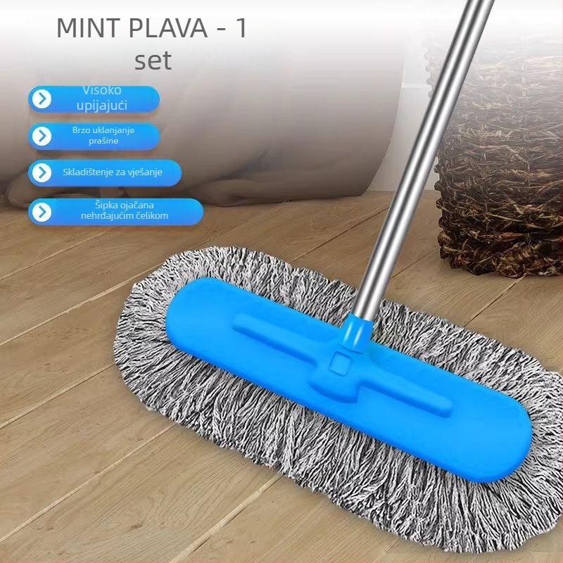 Ploški mop s produženom ručkom i pamučnim vlaknom, kućna upotreba, pogodna za drvene podove i pločice, suho i mokro čišćenje, uklanjanje prašine