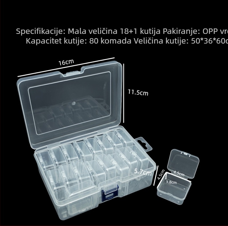 18-dijelna prozirna PP kutija s neovisnim odjeljcima, veličina 4,5 cm, za perle, nakit, ribolovnu opremu i hardver