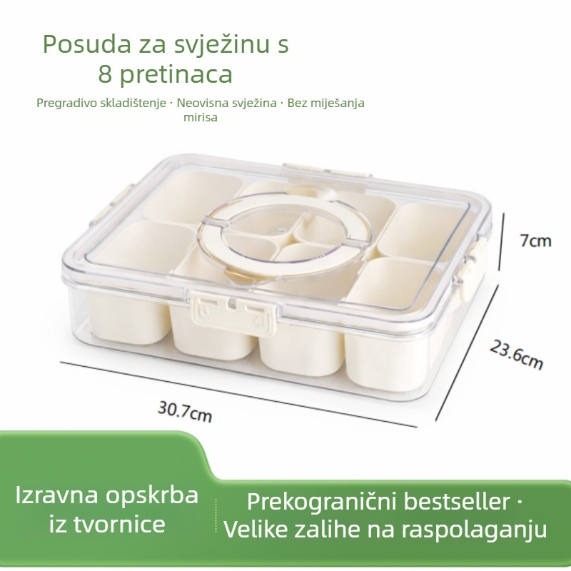 Kutija za skladištenje u hladnjaku sa osam odjeljaka za suhe sastojke i začine, hermetički zatvorena, velik kapacitet