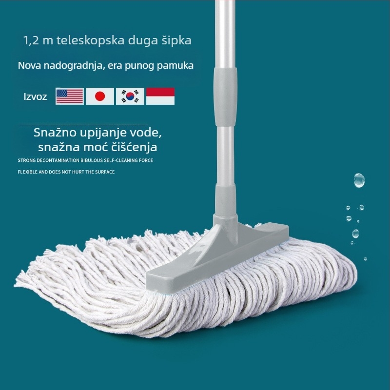 Kućni mop s teleskopskom drškom i pamukim vlaknom, visoka upijajuća sposobnost, trakasti pamukasti mop