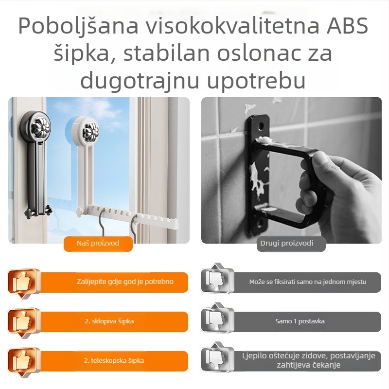 Sklopiva sušilica za odjeću s usisnim čašicama za unutarnji balkon — nevidljiva produžna šipka za sušenje, bušenje nije potrebno za prozor balkona