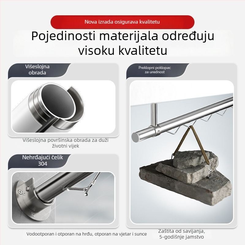 Nehrđajuća čelična šipka za sušenje rublja, otporna na vjetar, za balkon, stropna montaža, fiksna, valoviti uzorak, jedna šipka