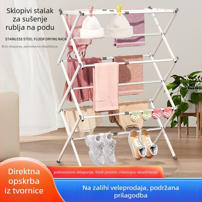 Podni sklopivi stalak za sušenje odjeće, proširiv i teleskop, bez montaže, tri razine