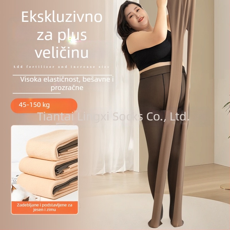 Crne prozirne čarape s dojmom golih nogu, fleece podstava za jesen-zimu, plus veličina za žene