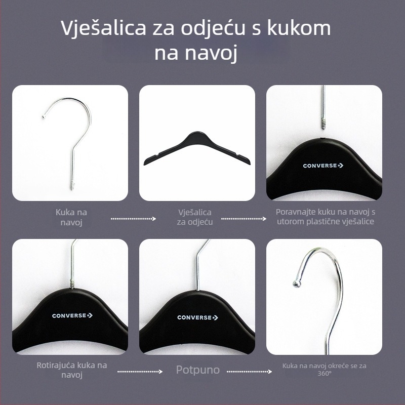 Uska vješalica za sako, mat crna, protuklizna, bez šavova, plastična vješalica s vijčanom kukom