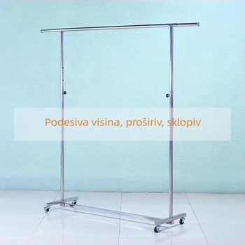 Sklopivi stalak za odjeću s jednom šipkom od nehrđajućeg čelika, podni stojeći, teleskopsko podešavanje visine