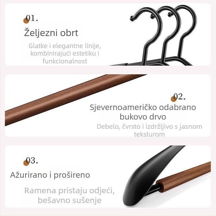Kućna vješalica za odjeću s širokim ramenima, neklizajuća i bez tragova, od željeza i drveta, lagani luksuz