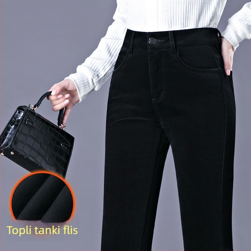 Ženske hlače s visokim pojasom od korduroja, debeli materijal, bootcut kroj, jesen-zima, korejski stil