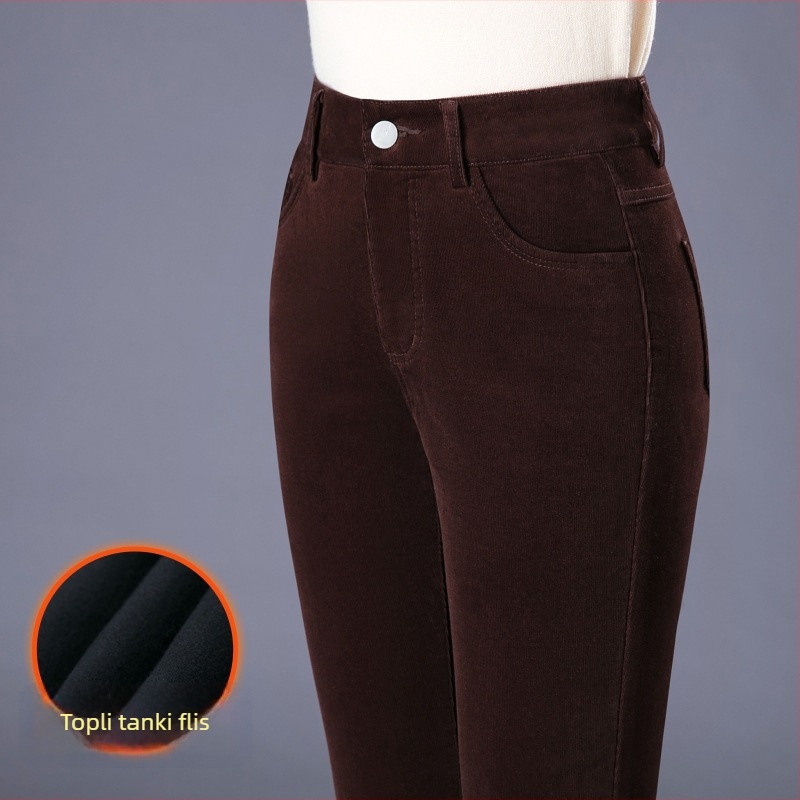 Ženske hlače s visokim pojasom od korduroja, debeli materijal, bootcut kroj, jesen-zima, korejski stil