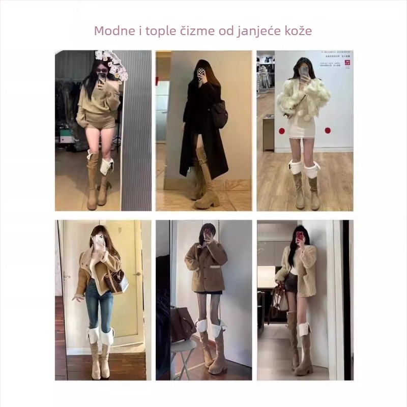 Ženske čizme iznad koljena, dva načina nošenja, debeli fleece, zimske čizme, smeđa, western stil