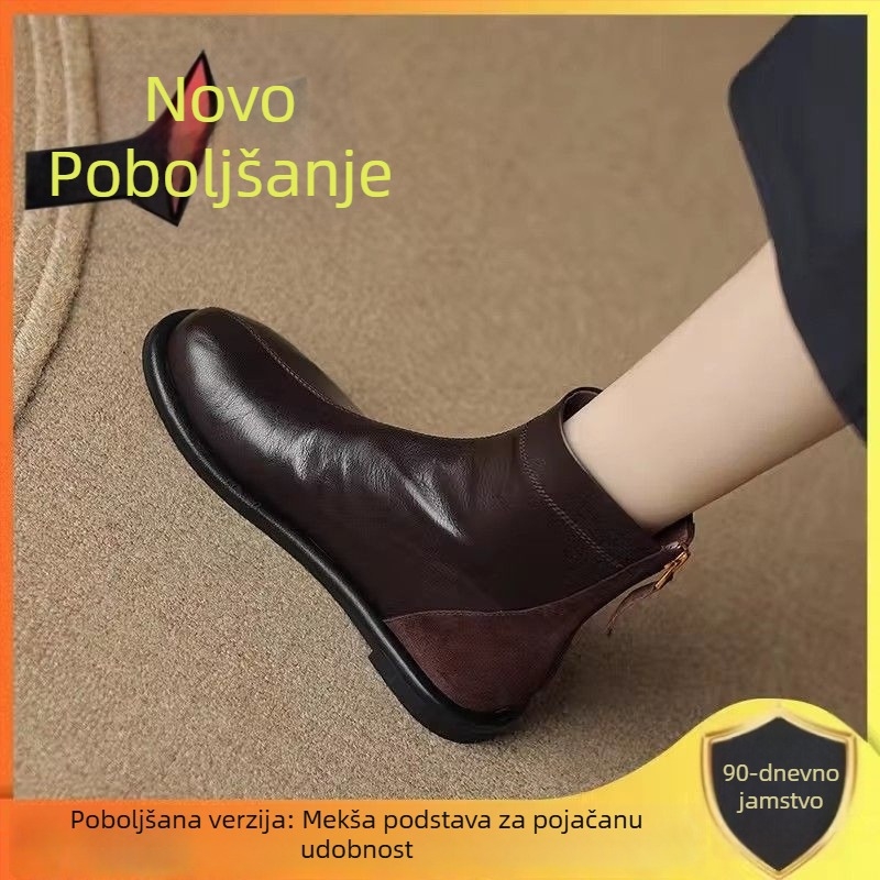 Ženske kratke Martins čizme, 2025 jesen-zima, britski retro stil, ravna potplata, okrugla špička, meka koža, panelni dizajn, svestrane, tanak siluetu