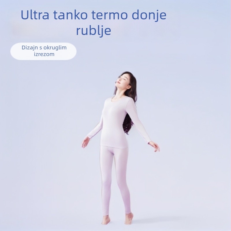 Ženski termalni komplet za jesen i zimu, ultra tanak, lavanda boje, okrugli izrez, tijelo-prianjajući gornji dio i donji dio