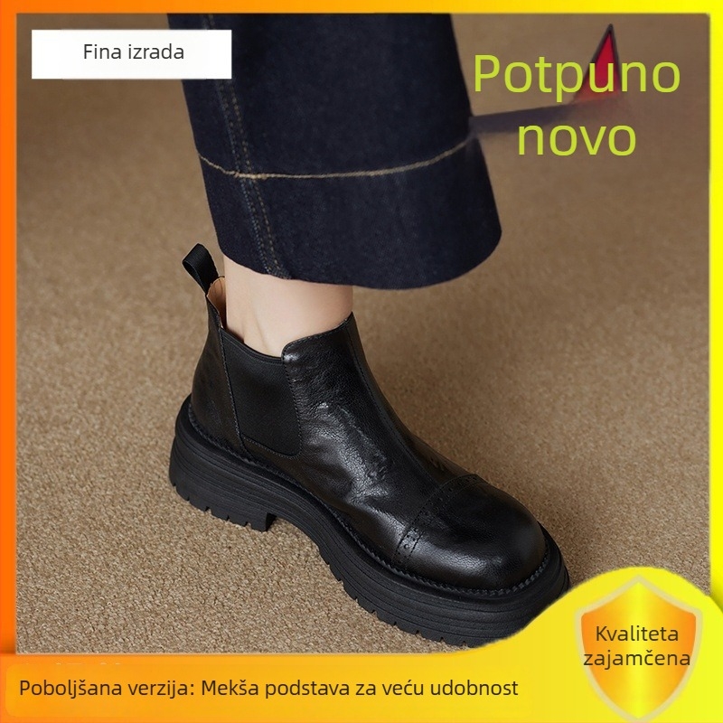 Ženske Chelsea čizme s okruglim vrhom, 4 cm peta, prirodna koža, britanski stil, zimske čizme s debelim potplatom