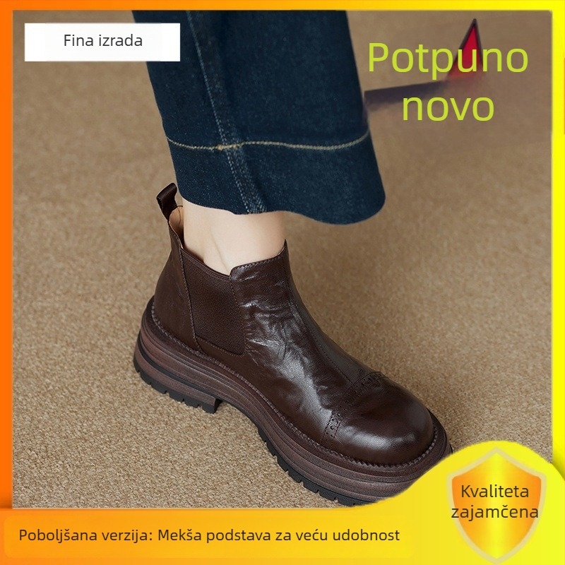Ženske Chelsea čizme s okruglim vrhom, 4 cm peta, prirodna koža, britanski stil, zimske čizme s debelim potplatom