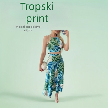 Ispisani kratki top s vezicama i visokim strukom midi suknja – dvodijeli ljetni set