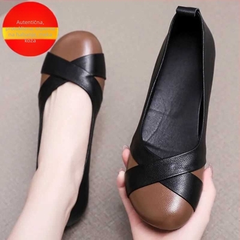 Loafers od teleće kože prve klase s mekim potplatom, slip-on, za žene, proljeće i jesen, okrugli vrh, ravna potpetica, pogodni za žene srednje dobi i starije
