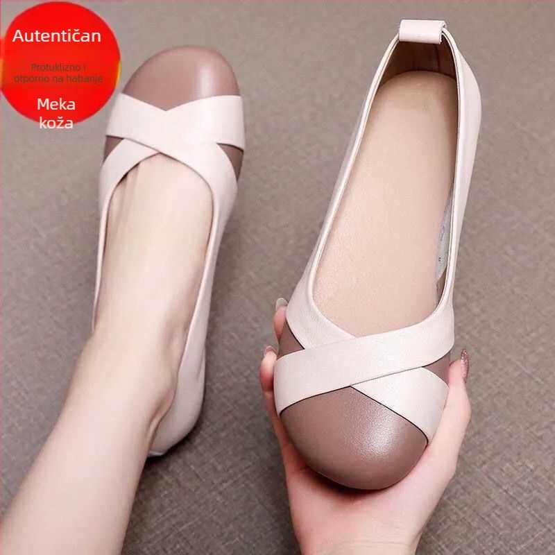 Loafers od teleće kože prve klase s mekim potplatom, slip-on, za žene, proljeće i jesen, okrugli vrh, ravna potpetica, pogodni za žene srednje dobi i starije