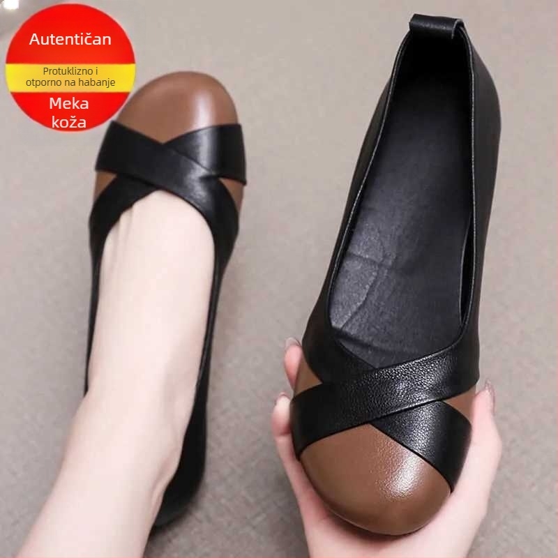 Loafers od teleće kože prve klase s mekim potplatom, slip-on, za žene, proljeće i jesen, okrugli vrh, ravna potpetica, pogodni za žene srednje dobi i starije