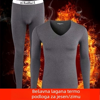 Muški ultra-tanki nešivani termalni set s V-izrezom, s flisom i milk silk tkaninom za jesen-zimu