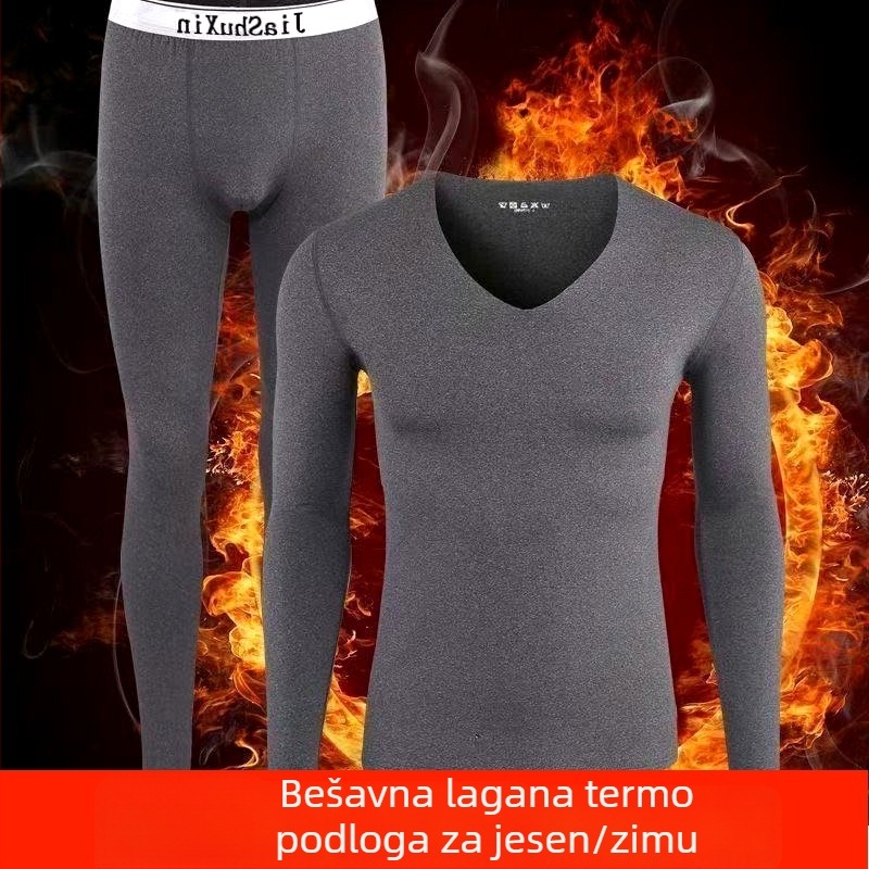 Muški ultra-tanki nešivani termalni set s V-izrezom, s flisom i milk silk tkaninom za jesen-zimu