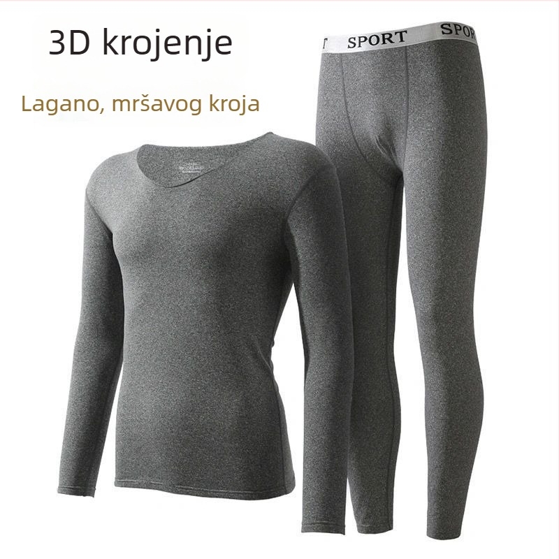 Muški ultra-tanki nešivani termalni set s V-izrezom, s flisom i milk silk tkaninom za jesen-zimu