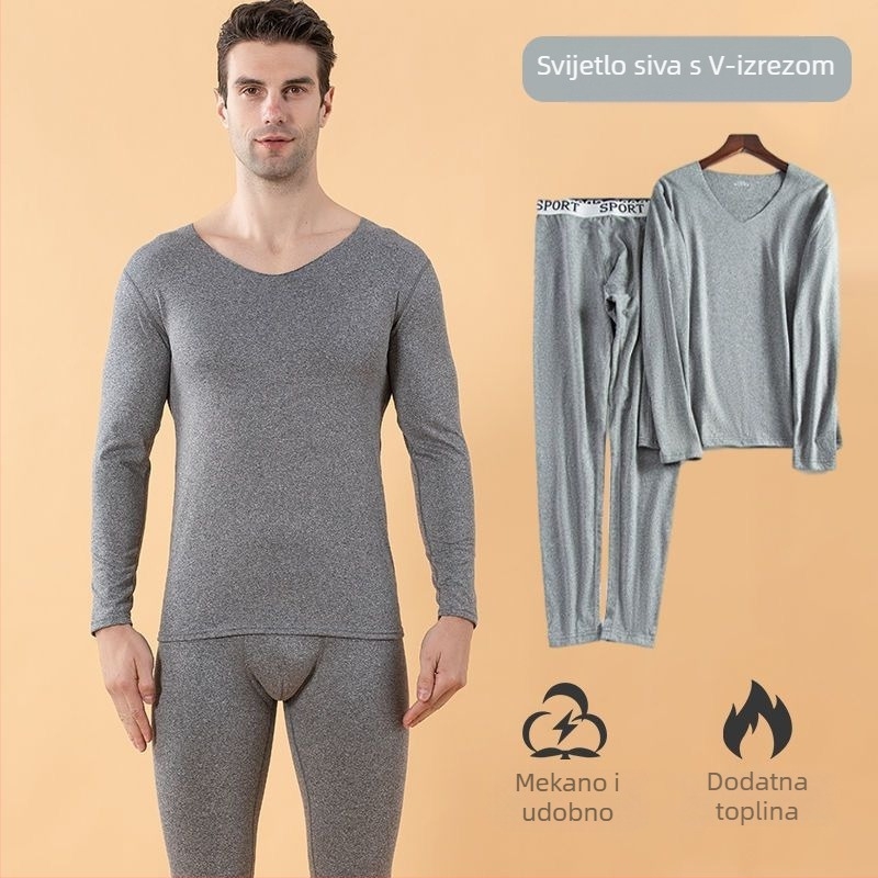 Muški ultra-tanki nešivani termalni set s V-izrezom, s flisom i milk silk tkaninom za jesen-zimu