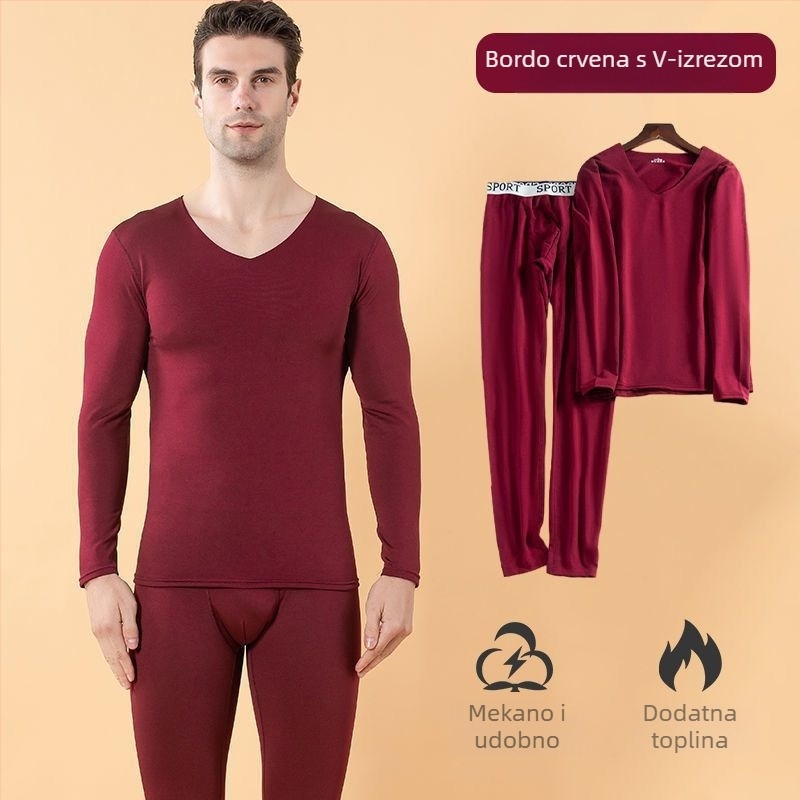 Muški ultra-tanki nešivani termalni set s V-izrezom, s flisom i milk silk tkaninom za jesen-zimu