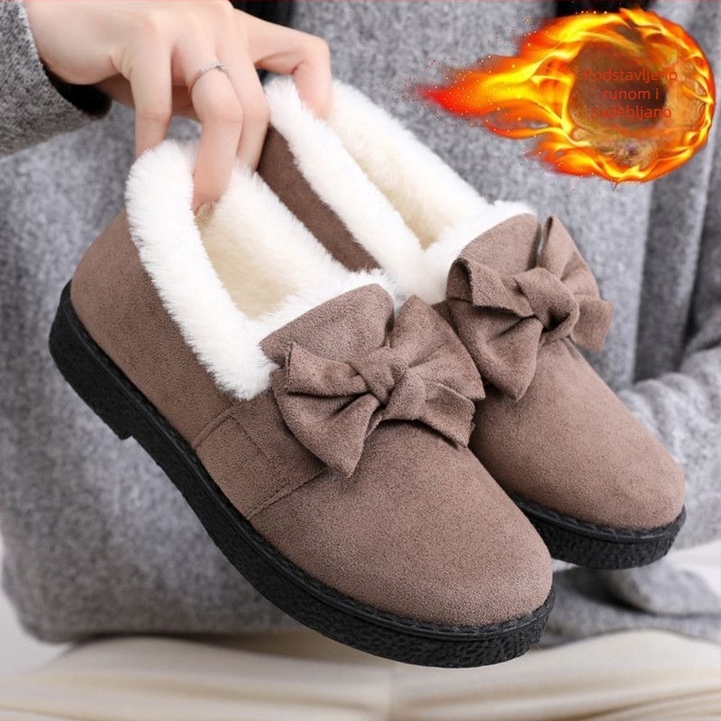Ženske pamukaste cipele u stilu Starog Pekinga, s fleec podložkom, tople, slip-on čizme za snijeg s mašnicom, do gležnja