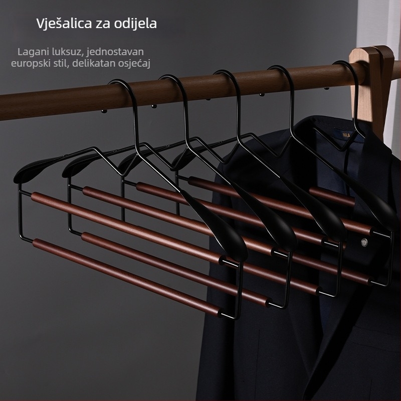 Patentirana visokokvalitetna metalno-drevena vješalica za hlače, bez ostavljanja tragova i protuklizna, za kućnu upotrebu, pogodna za skladištenje odijela, hlača i šalova u ormaru